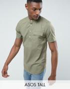 Asos Tall Regular Fit Linen Look Grandad Shirt In Khaki - Green