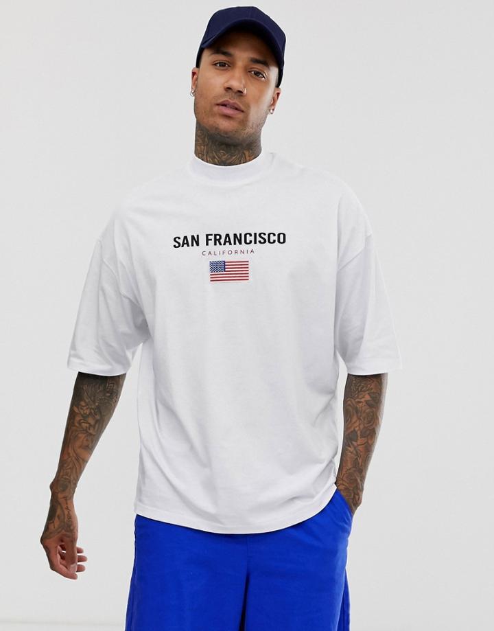Asos Design Oversized Turtleneck T-shirt With City And Flag Embroidery - White