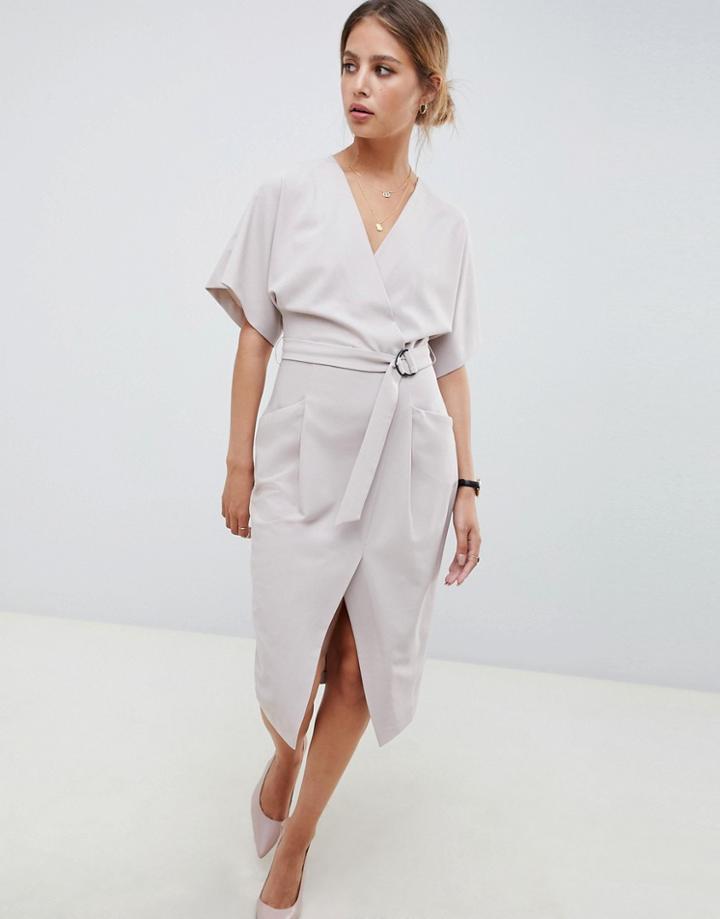 Asos Design Wrap Skirt Midi Dresss With D Ring Belt - Gray