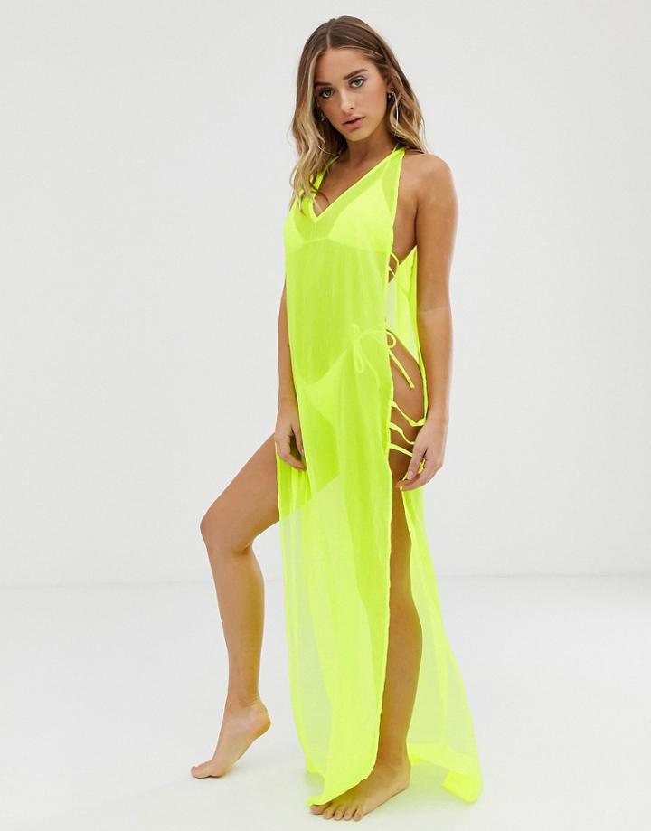 Asos Design Maxi Beach Dress With Lattice Side In Neon Yellow - Yellow