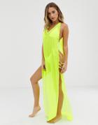 Asos Design Maxi Beach Dress With Lattice Side In Neon Yellow - Yellow