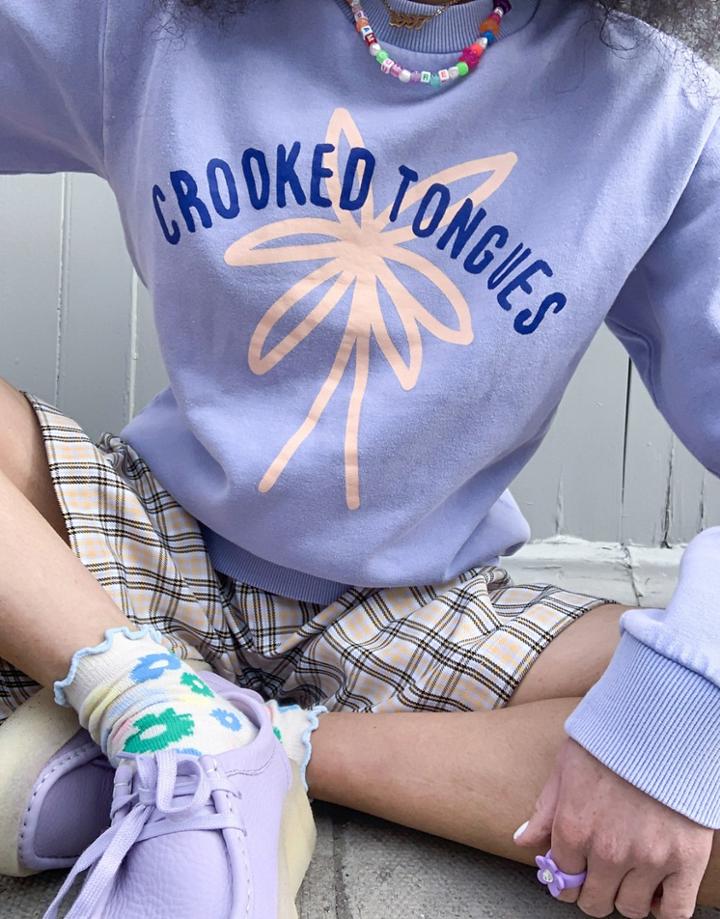 Crooked Tongues Crew Neck Sweatshirt With Print In Washed Lilac-purple