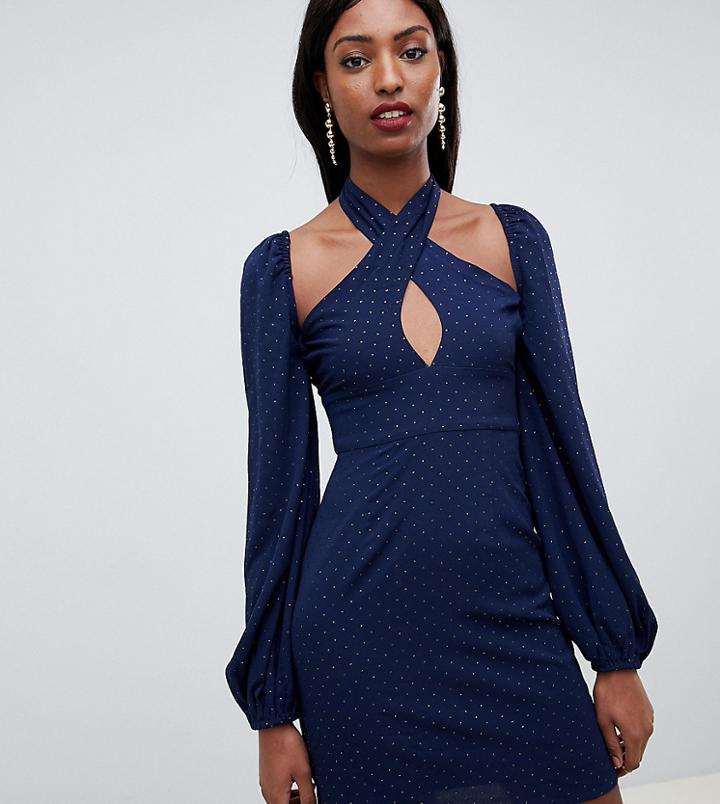 Fashion Union Tall Tea Dress In Glitter Spot - Navy
