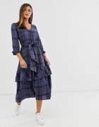 Y.a.s Check Midi Dress With Waist Tie Details - Navy