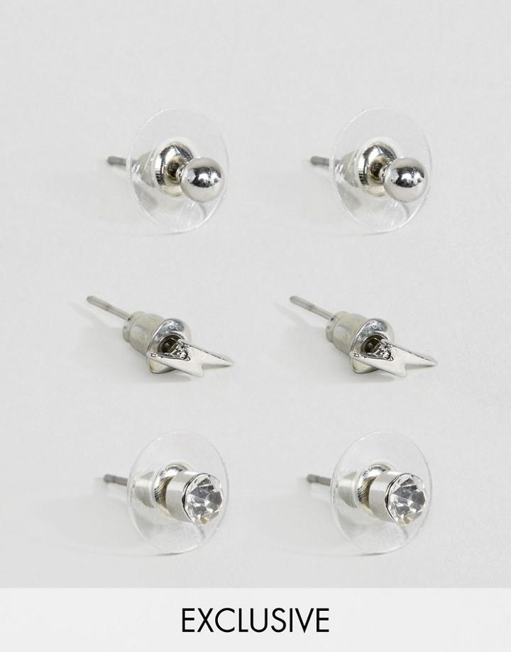 Designb London Lightning Stud Earrings In 3 Pack Exclusive To Asos - Silver