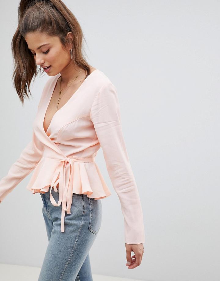 Asos Design Fuller Bust Wrap Top With Pephem In Blush - Pink