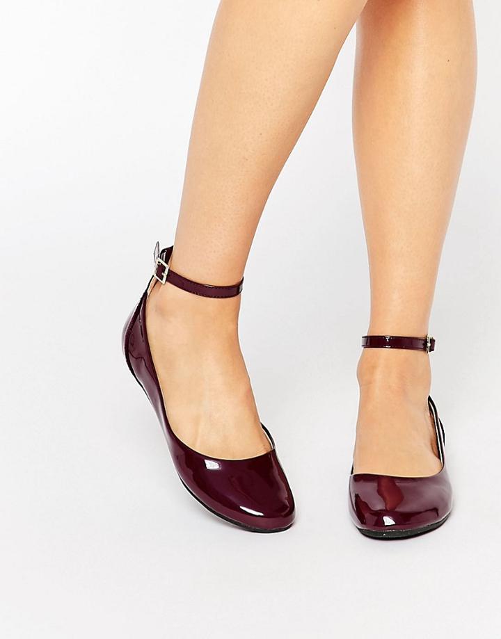 London Rebel Ankle Strap Ballet Flats - Burgundy Patent