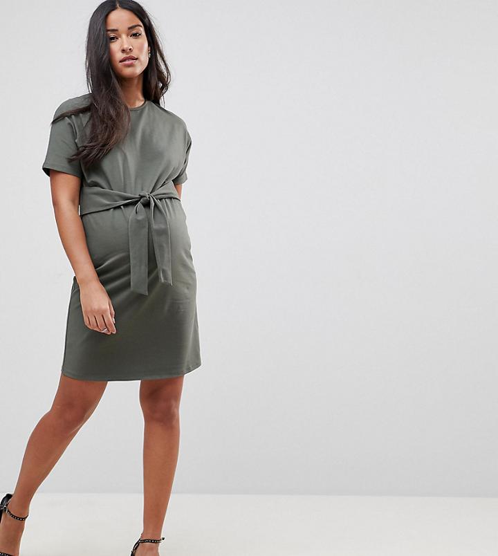 Asos Maternity Exclusive T-shirt Dress With Tie Front Detail - Green