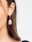 Asos Design Hoop Earrings With Printed Flower Pearl Drop In Gold Tone