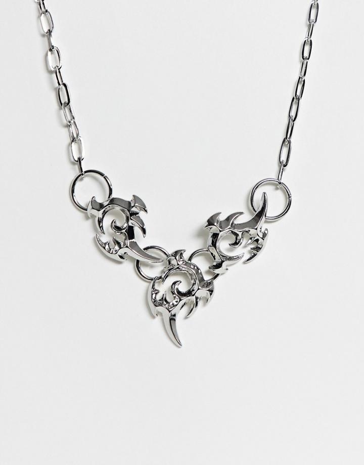 Asos Design Necklace In Tattoo Design In Silver Tone - Silver