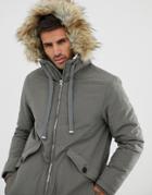 Pull & Bear Fleece Lined Parka In Gray With Faux Fur Trim Hood - Gray