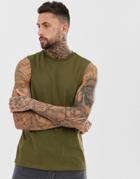 Asos Design Organic Relaxed Sleeveless T-shirt With Crew Neck And Dropped Armhole In Khaki-green