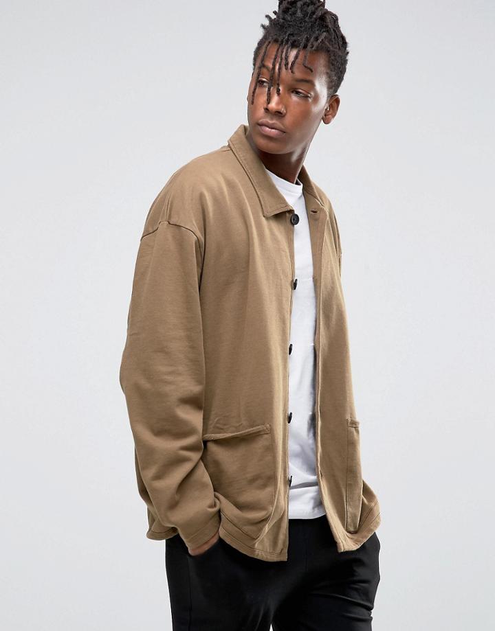 Asos Oversized Jersey Worker Jacket In Beige - Green