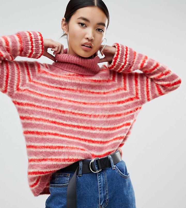 Na-kd Roll Neck Flare Sleeve Sweater In Pink Stripe-multi