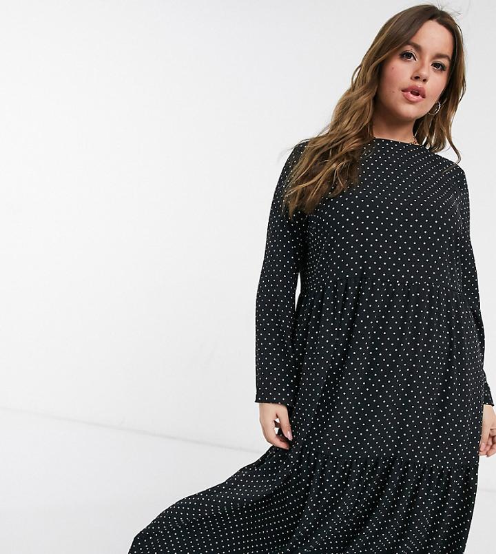Asos Design Curve Long Sleeve Tiered Smock Midi Dress In Mono Micro- Dot-multi
