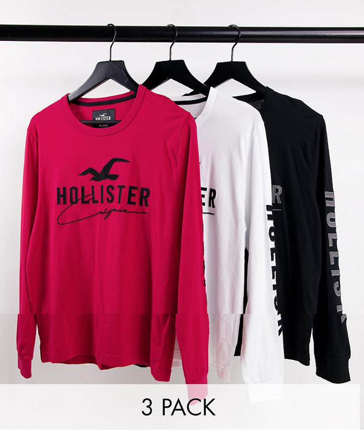 Hollister 3 Pack Tech Front & Arm Logo Long Sleeve Top In White/red/black-multi