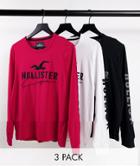 Hollister 3 Pack Tech Front & Arm Logo Long Sleeve Top In White/red/black-multi