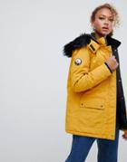 New Look Parka Coat In Mustard With Faux Fur Hood - Yellow