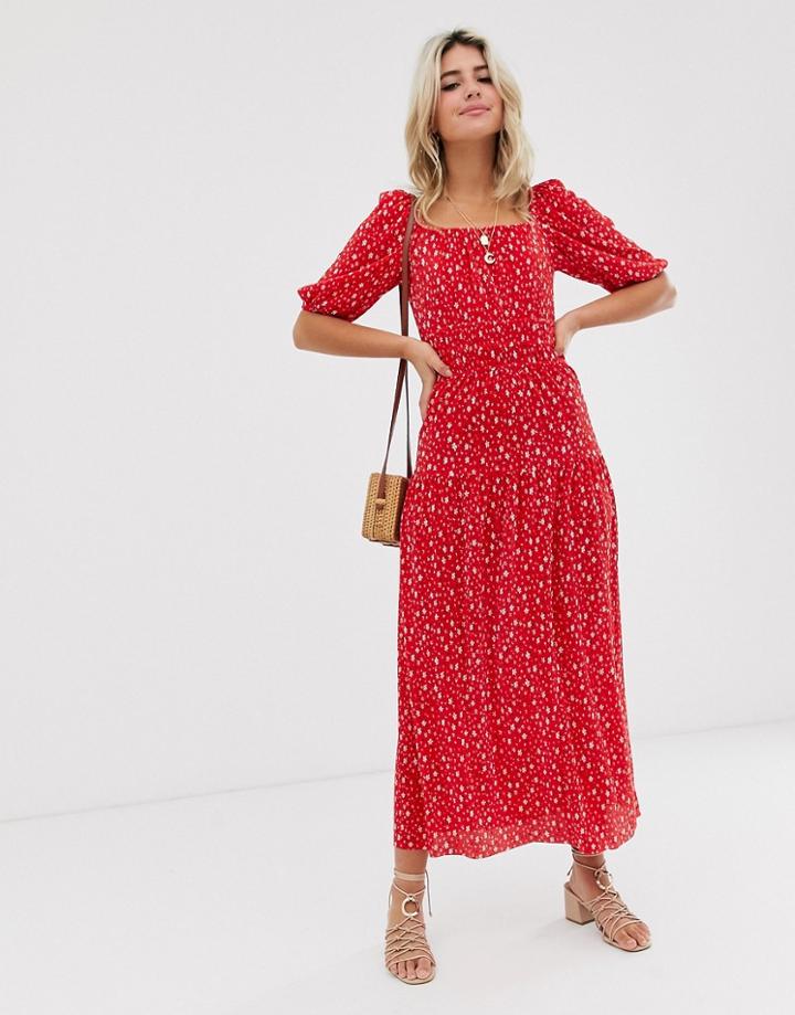 Asos Design Prairie Plisse Maxi Dress With Tiered Hem In Ditsy Print - Multi