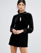 Love & Other Things Velvet Long Sleeve Romper With Keyhole - Black