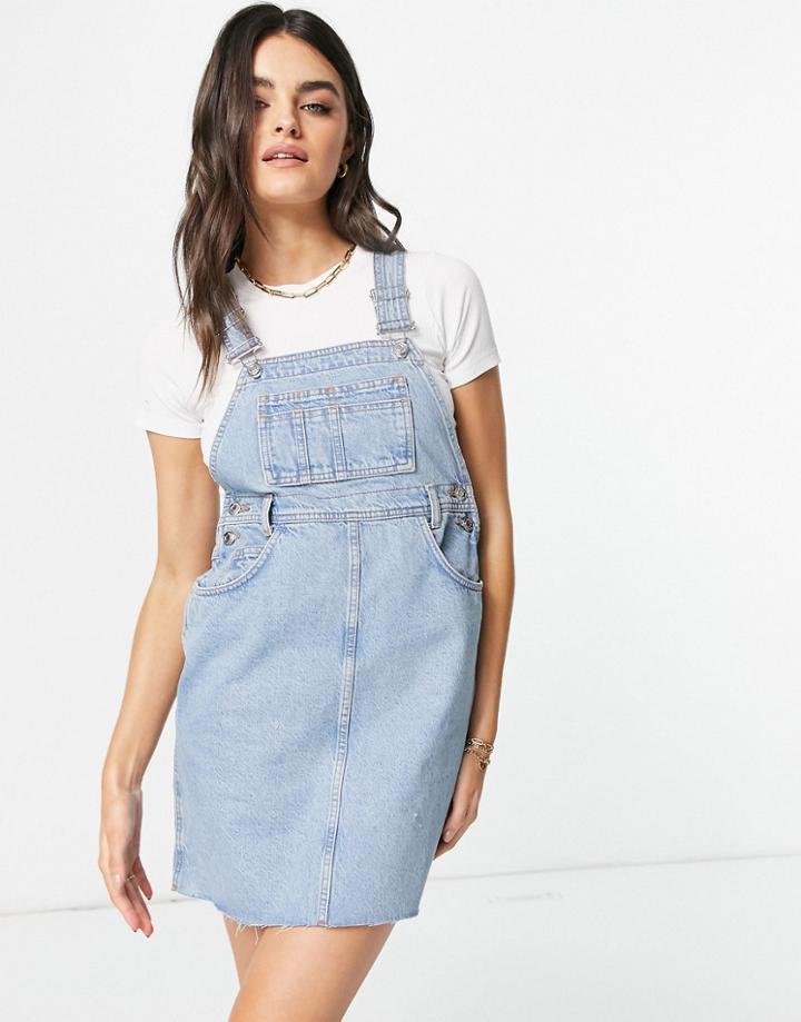 Asos Design Denim Overall Dress In Midwash-blues