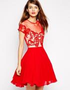 Asos Applique Bodice Full Skater Dress - Red