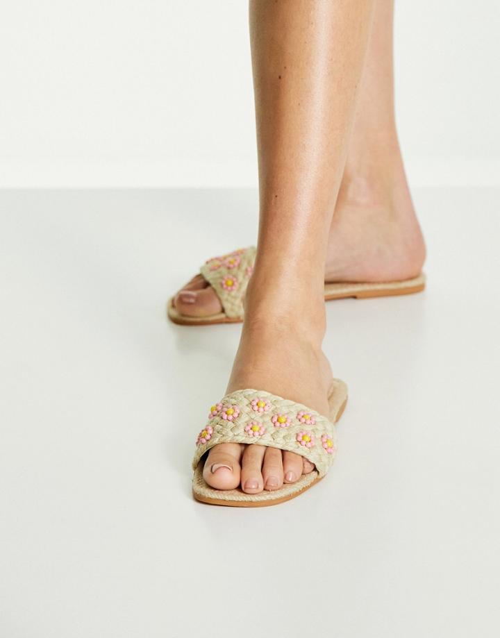 Asos Design Juicy Beaded Flower Espadrille Mules In Natural-neutral