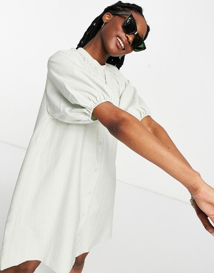 Lola May Puff Sleeve Shirt Dress In Sage Green
