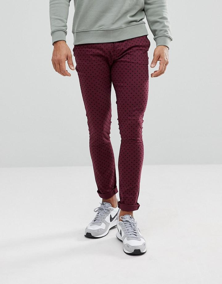 Asos Super Skinny Pants In Burgundy Polka Dot - Red