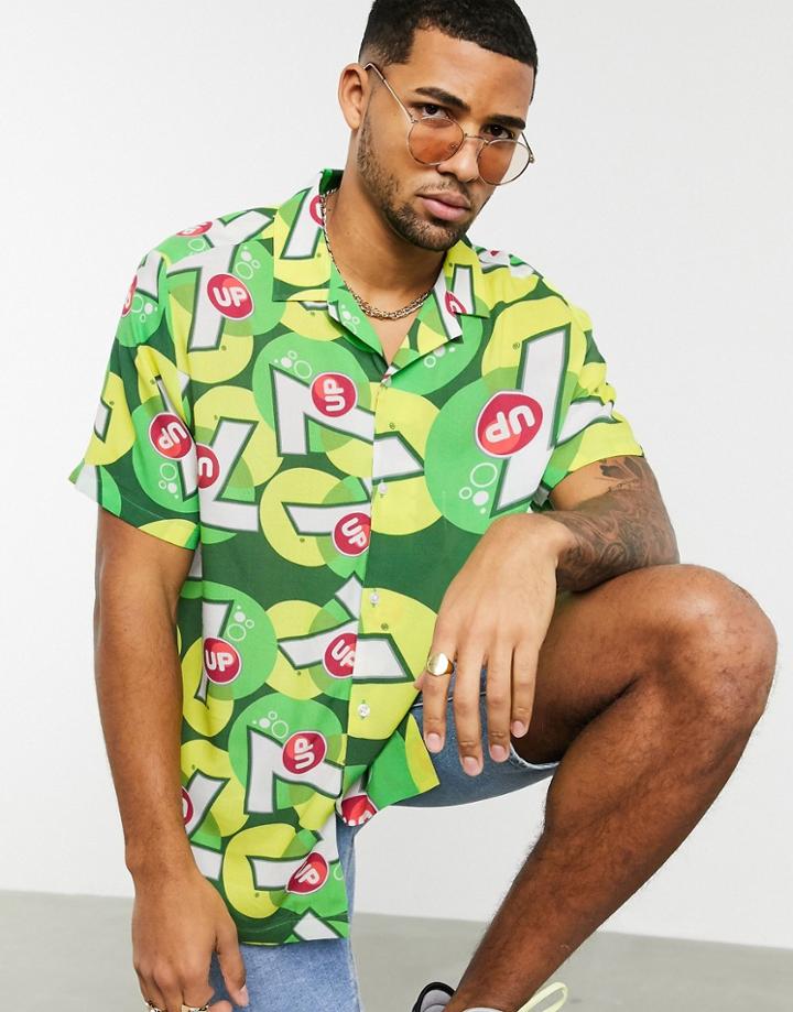 Asos Design Regular Fit Shirt With Revere Collar In 7 Up Print-green
