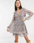 Vila Mini Dress With Crinkle Hem In Brown Floral-multi