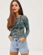 Daisy Street Long Sleeved Mesh Top In Water Print - Blue