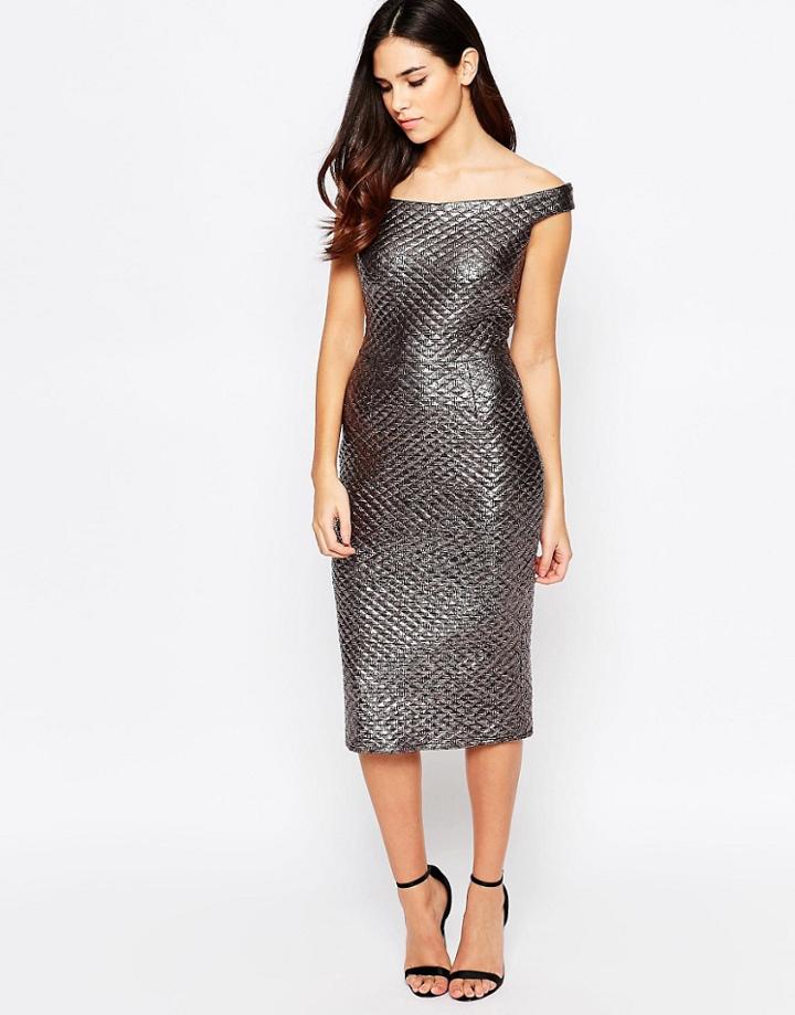 Liquorish Off Shoulder Pencil Dress In Quilted Gun Metal - Silver