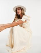 Asos Design Wrap Front Lace Insert Textured Midi Tea Dress In Cream-white