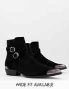 Asos Design Cuban Heel Western Chelsea Boots In Black Faux Suede With Buckle Detail