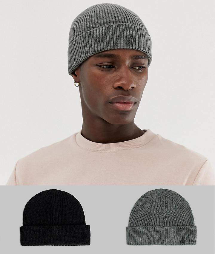 Asos Design Fisherman Beanie 2 Pack In Black And Gray Save - Multi
