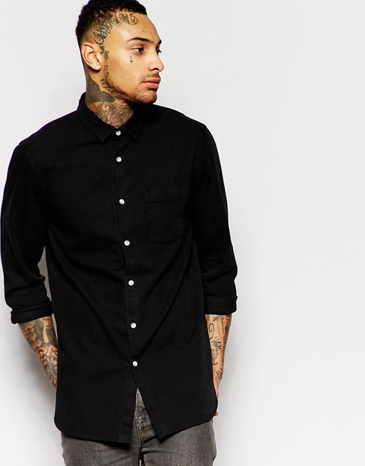 Asos Denim Shirt With Check Back In Longline - Black
