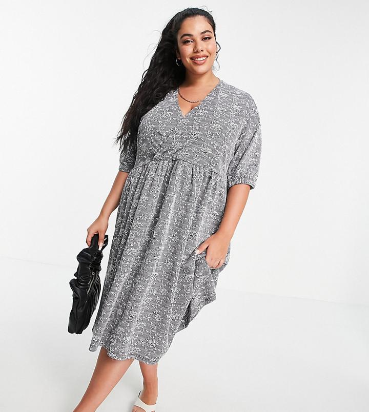 Asos Design Curve Jacquard Wrap Top Midi Dress In Black And White Floral