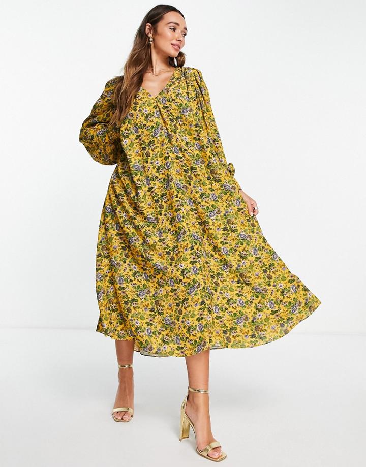 Asos Edition Trapeze Midi Dress In Floral Print-yellow