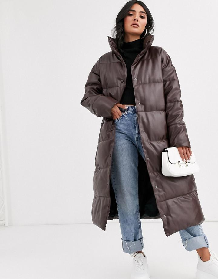 Asos Design Longline Leather Look Puffer Coat In Chocolate