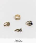 Asos Design Ring Pack With Cheetah And Stone In Burnished Gold - Gold