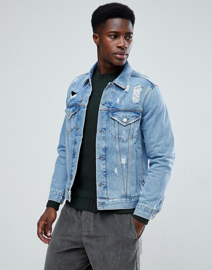 Mango Man Denim Jacket With Rips - Blue