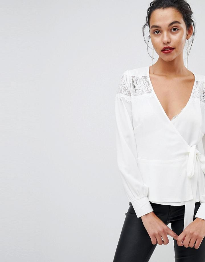 Outrageous Fortune Ruffle Detail Lace Insert Wrap Blouse-cream