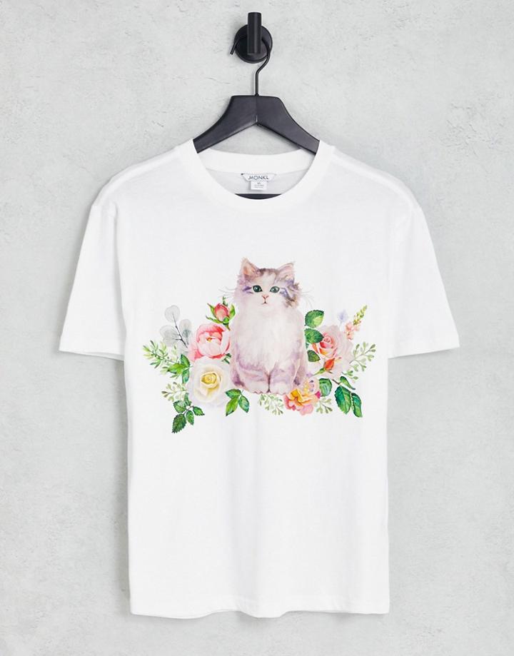 Monki Oversized Tee With Cat Floral Logo In White