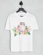 Monki Oversized Tee With Cat Floral Logo In White