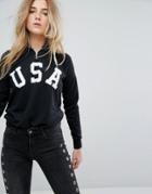 Daisy Street Funnel Neck Sweat With Usa Print - Black