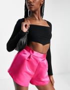 Asos Design Structured High Waisted Satin Hot Pant In Bright Pink