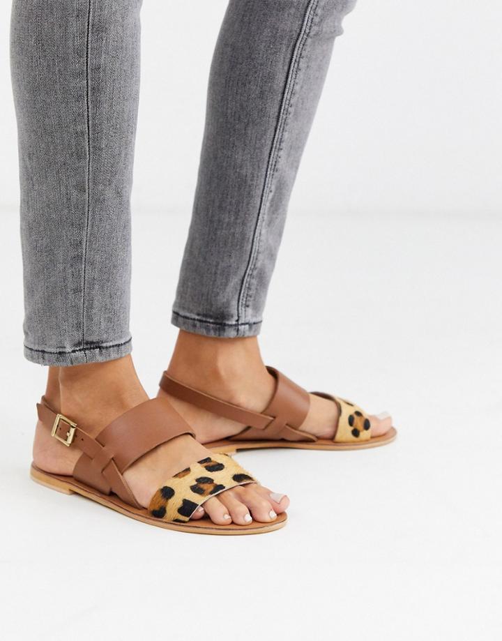 Asos Design Foxglove Leather Flat Sandals In Leopard-brown