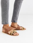 Asos Design Foxglove Leather Flat Sandals In Leopard-brown
