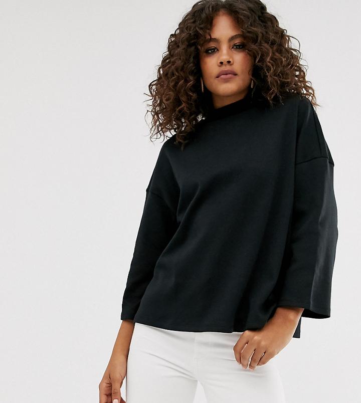 Asos Design Tall Funnel Neck Oversized 3/4 Sleeve Top In Black